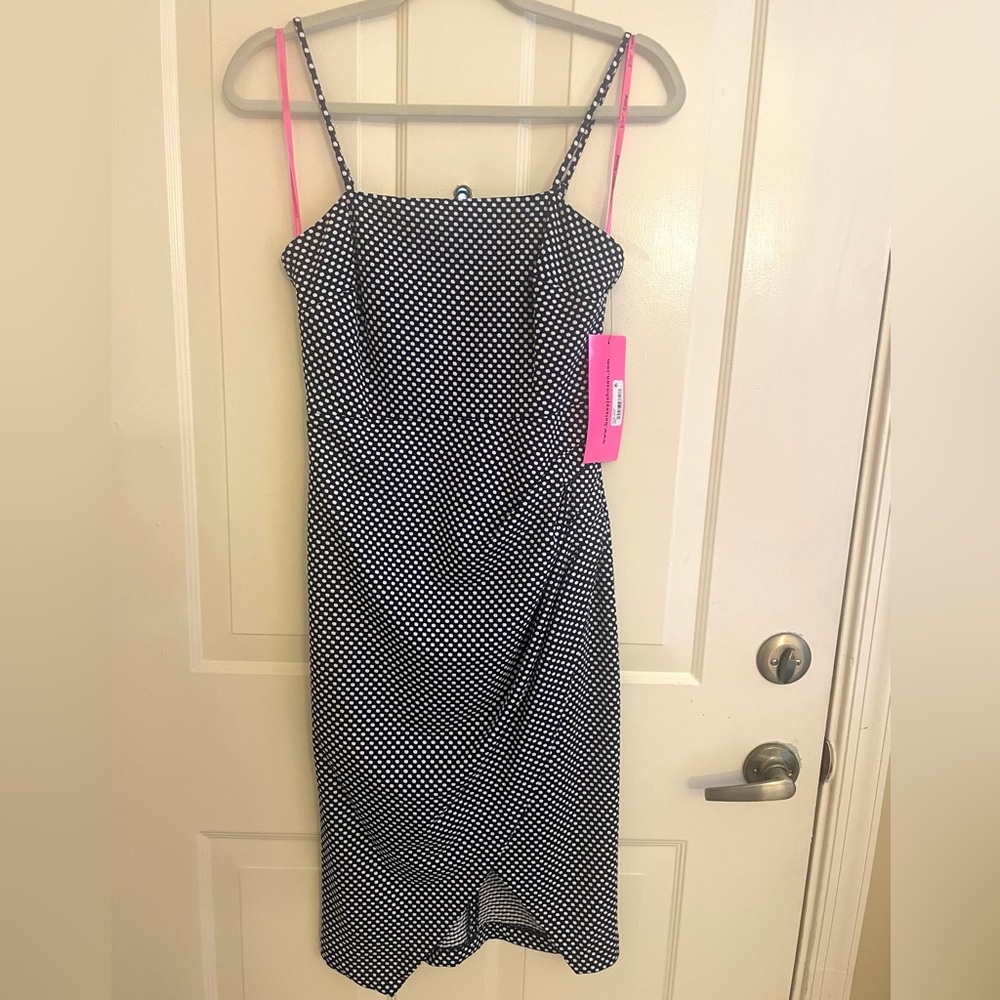 BETSY JOHNSON NWT Navy w/White polka dots faux wrap sleeveless sundress